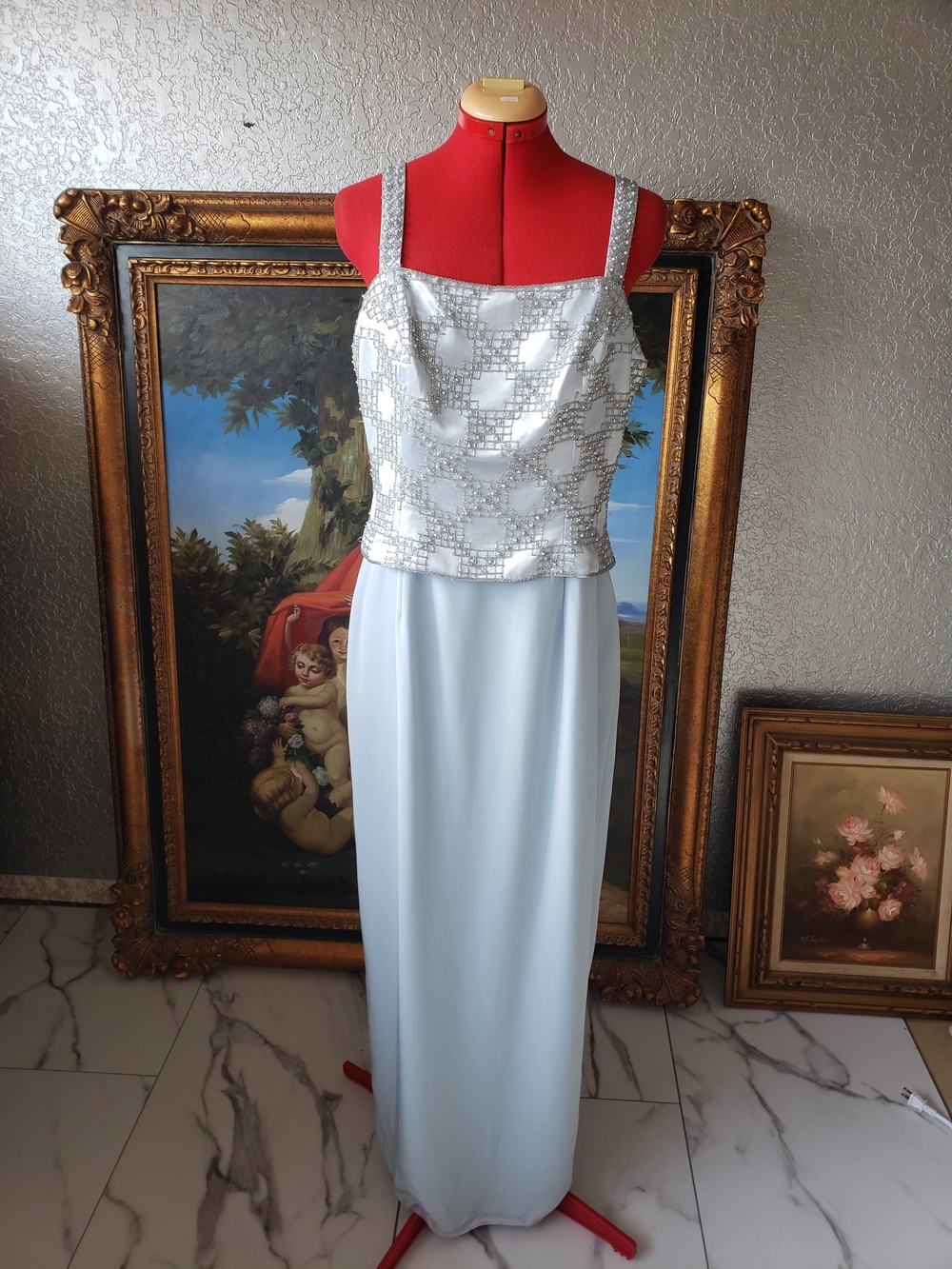 Cameron Blake Light Blue Maxi Dress with Silver Sequin Bodice
